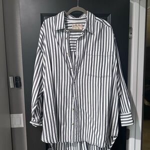 Free People Black and White Striped Button Down Shirt
